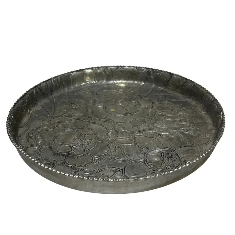 Vintage mid century Wilson hammered aluminum round tray embossed silvertone